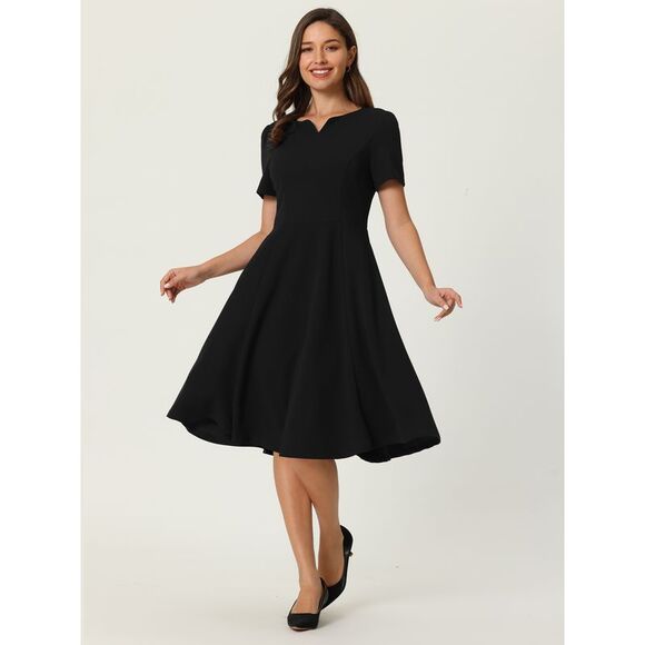 Women's Office Dresses with Pockets Split Neck Work A-Line Dress Black - Picture 3 of 6